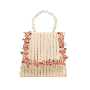 Mini beige straw bag for girls with pink floral embroidery and pearl bead handle