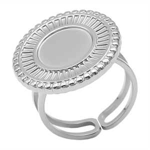 Top view of a silver stainless steel open ring with sunburst engraved round disc tray