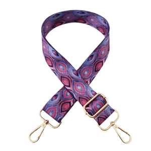 Adjustable wide replacement strap with purple geometric pattern and gold metal hooks