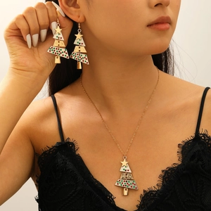Detailed view of Christmas tree earrings and necklace set with colorful enamel finish