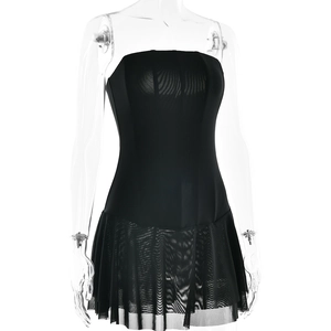 Detail of black strapless mini dress featuring a sheer mesh panel hem on mannequin