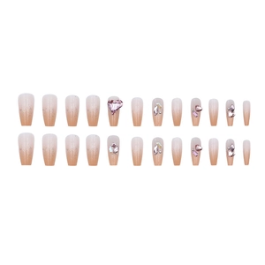 Sparkly heart long coffin press-on nails with pink gradient and silver glitter accents
