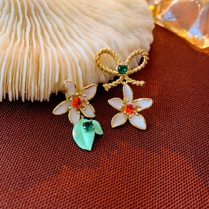 Asymmetric Flower Bow Drop Earrings With Zircon Enamel Copper And Silver Earring Post Sweet Fashion Jewelry For Women