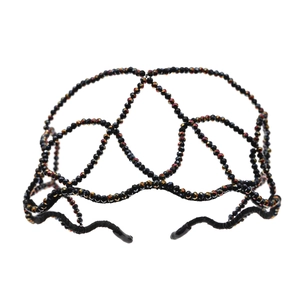 Handmade black crown headband with shimmering crystal beads and rhinestones for bridal hair