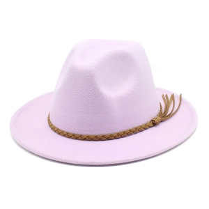 Detail of light purple fedora hat featuring a brown braided leather band and tassel fringe