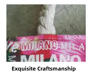 Detail of pink canvas tote bag with MILANO lettering and durable thick cotton rope handles