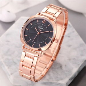 Elegant rose gold women's watch with square black dial and sunburst pattern by Tadi