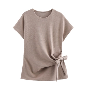 Women's light brown round neck knit t-shirt with side knot detail on white background