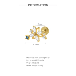 Detailed spec sheet for 925 sterling silver heart earring with 18K gold and blue zircon