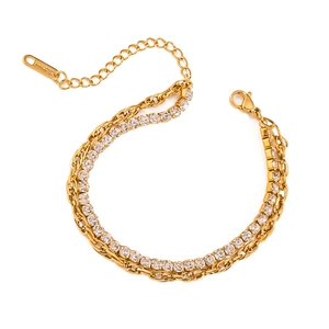 Double-layer gold stainless steel bracelet with sparkling rhinestones and lobster clasp