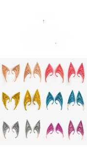 Detailed grid view of twelve glitter elf ear pairs in multiple colors for cosplay costume