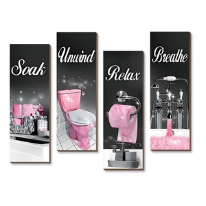 Set di 4 targhe vintage in legno per bagno con glitter rosa e scritte decorative relax