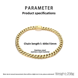 Macro detail of 15mm gold stainless steel Cuban link necklace with product specifications