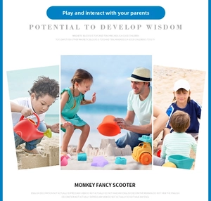 Detailed view of kids colorful sand castle molds and digging tools for beach play