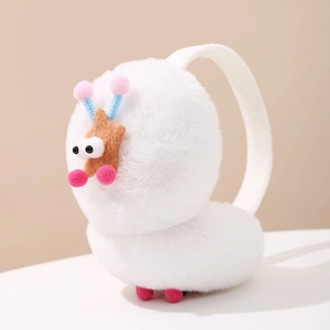 Close-up of white plush winter earmuffs with a cute cartoon star character and soft texture