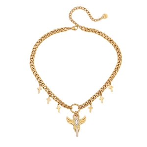 Golden stainless steel Cuban chain necklace with angel wing pendant and small crosses