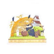 Detail of wooden Halloween decor with witch scene and LED base engraving Happy Halloween