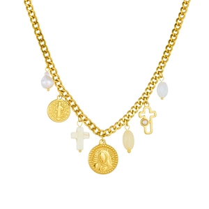 Vintage gold layered necklace with pearl cross and religious embossed pendants