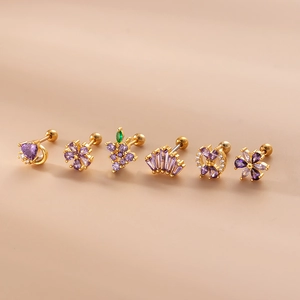 Set of six gold-plated stainless steel stud earrings with purple zircons and screw backs