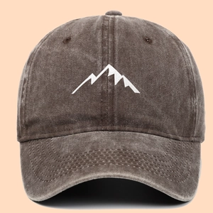 Vintage washed cotton baseball cap with white mountain embroidery in coffee brown color