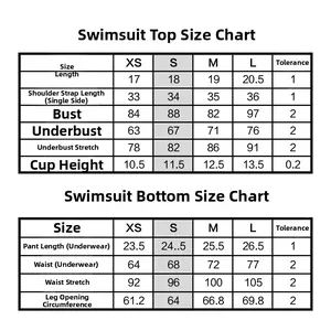 Detailed size guide for women's print bikini including XS-L top and bottom measurements