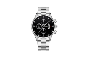 Macro view of men's business watch featuring black dial, chronograph sub-dials and calendar