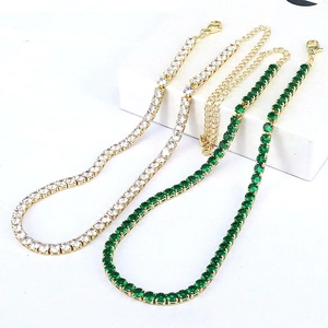 Fashionable gold tennis necklaces with micro-set white and green cubic zirconia stones