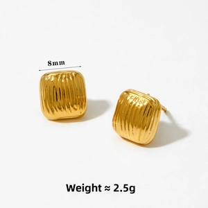 Detail view of 8mm gold square studs with vertical wave texture and 2.5g weight info