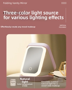 Detail of purple LED vanity mirror with 4700K natural light and vertical folding design