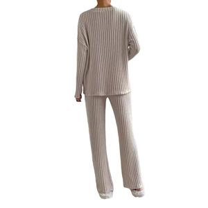 Women's 2-piece knit loungewear set with ribbed long sleeve top and straight trousers