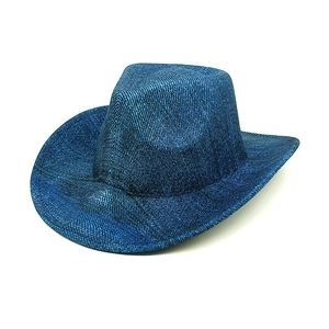 Classic blue denim western cowboy hat with wide rolled brim and stylish twill texture