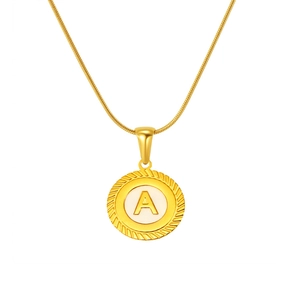 18k gold plated round lace pendant necklace with white enamel initial A on snake chain