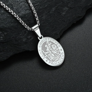 Saint Christopher relief pendant in silver steel with a classic box chain necklace