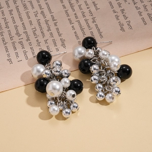 Minimalist dark style earrings with geometric black beads and faux pearls in cluster design