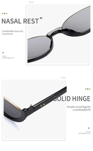 Detail of comfortable nose pads and solid hinges on cat-eye semi-rimless sunglasses