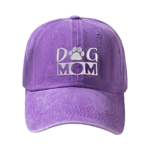 Vintage washed purple baseball cap with white DOG MOM embroidery and paw print design