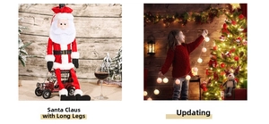 Detail of long-legged Santa velvet wine bottle cover with white faux fur and warm string lights