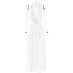 Detail view of the back of a white halter neck backless maxi dress on a mannequin