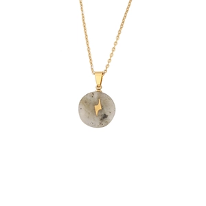 Round natural stone pendant necklace with golden lightning bolt on stainless steel chain