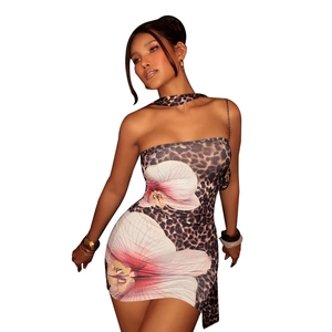 Women's leopard and orchid print mini bodycon dress with matching choker set