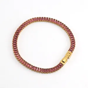 Baguette Cut Zircon Tennis Bracelet Gold Plated Stainless Steel Luxury Elegant Fashion Jewelry For Women