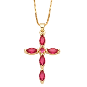 Elegant gold cross necklace with marquise-cut red zircons and matching box chain