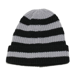Detailed view of the black and grey striped knit pattern and ribbed cuff on the beanie