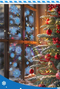 Blue snowflake window stickers displayed on glass next to a glowing Christmas tree