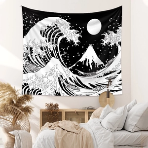 Bohemian Great Wave wall tapestry with Fuji mountain and moon for bedroom decor
