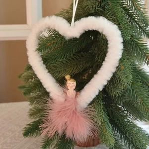 White plush heart Christmas tree ornament with pink feather ballerina girl figure