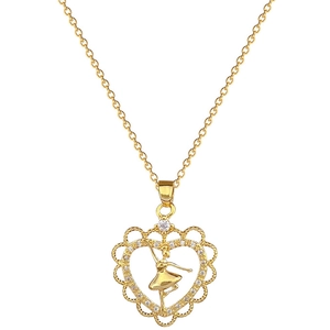 Gold titanium steel necklace with ballet girl inside a sparkling crystal heart pendant