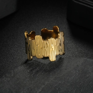 Chic gold-plated stainless steel open ring with unique tree bark texture for women