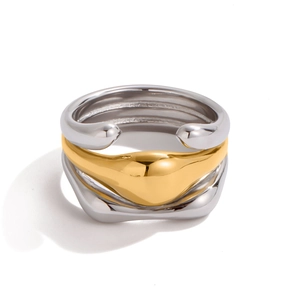 Three-layer multi-color stainless steel ring with minimalist wavy golden and silver finish