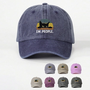 Baseball Cap Washed Cotton Peeking Black Cat Letter Print Adjustable Sunshade Retro Distressed Hat Hip Hop Streetwear